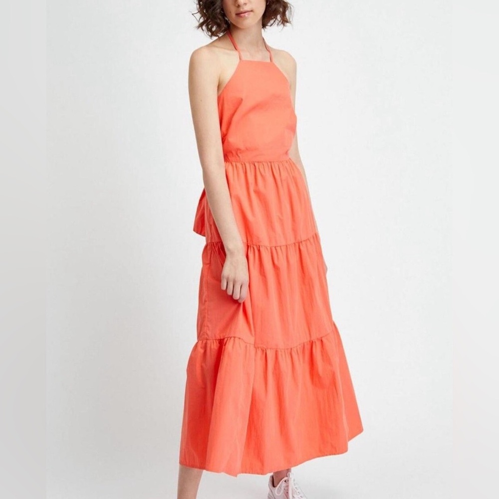 Gap Dress Women Coral Tiered Tie Back Maxi Cotton Pockets Classic Sz 4
